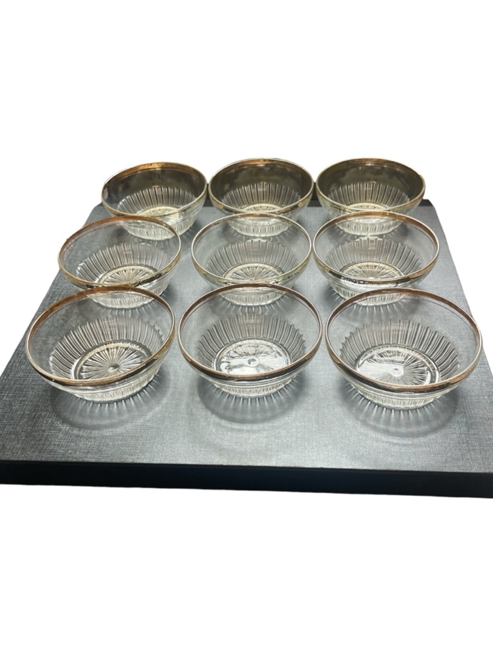 9 Vintage Gold-Rim Clear Glass Dessert Bowls